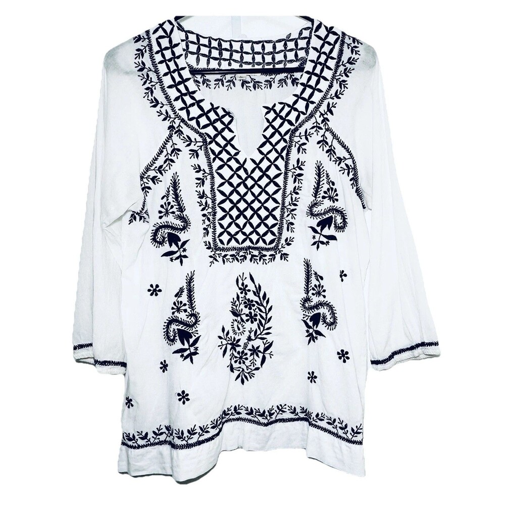 Solitaire Embroidered Boho Blouse White Navy Cotton Peasant Top Tag L Fits S/M